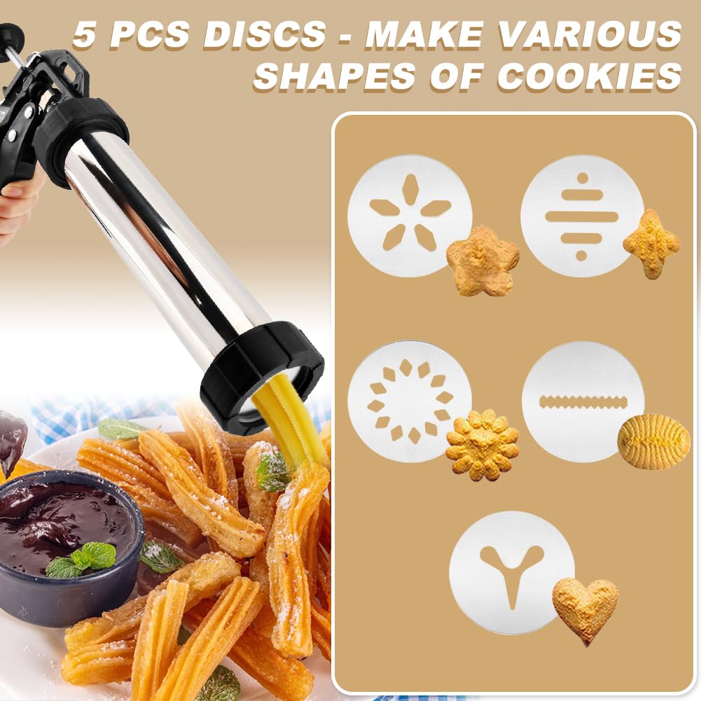 3-in-1 Stainless Steel Churros Maker Machine – Multifunctional Cookie Press with Piping Bag, Nozzles & Discs