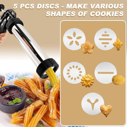 3-in-1 Stainless Steel Churros Maker Machine – Multifunctional Cookie Press with Piping Bag, Nozzles & Discs