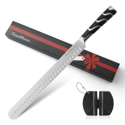 GrandMesser Carving Knife, 12 Inch Slicing Knife for Meat, Premium German Steel with ABS Handle, for BBQ Brisket Turkey Ham Rib Roast Beef with Sharpener.