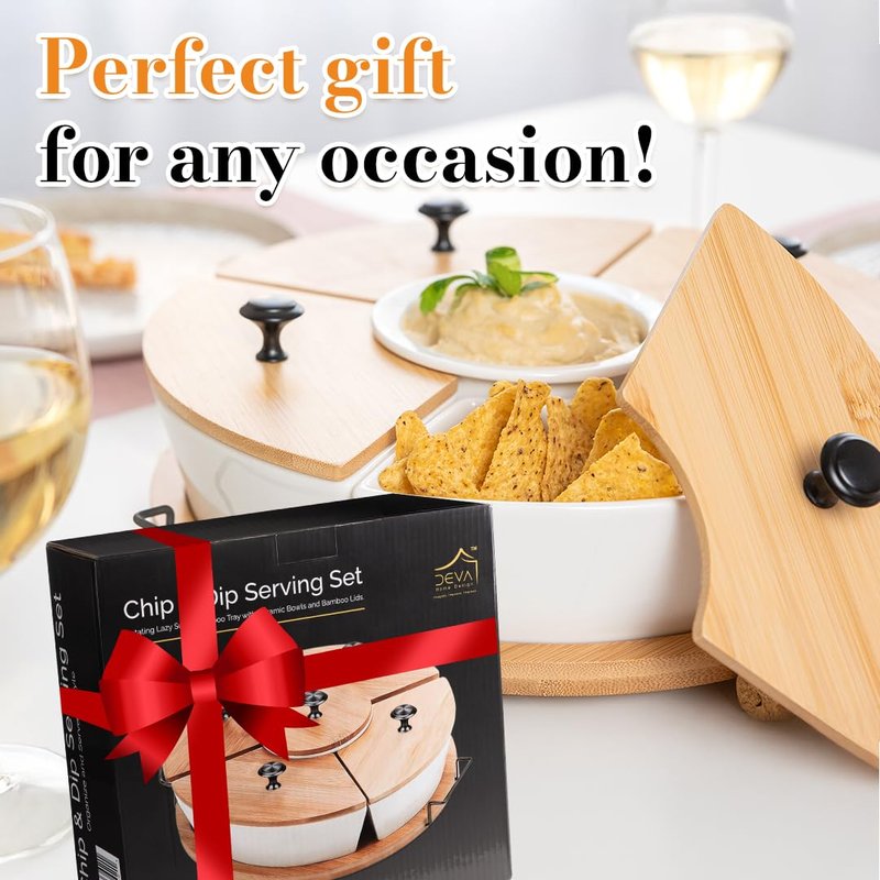 DEVA Home Design Chip and Dip Serving Set | Rotating Bamboo Lazy Susan Appetizer Tray with Black Handles | White Ceramic Bowls with Bamboo Lids | Divided Round Party Platter | Giftable