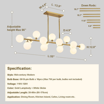 DUGHKUGH Mid Century Modern Chandelier 55in Linear Gold Pendant Lighting Fixture Linear Chandeliers for Kitchen Island, Dining Room 16-Light