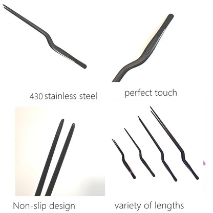 4 Pcs Professional Chef Stainless Steel Kitchen Cooking Tweezers Precision Tongs Plating Decorating Tool Kit (Black)