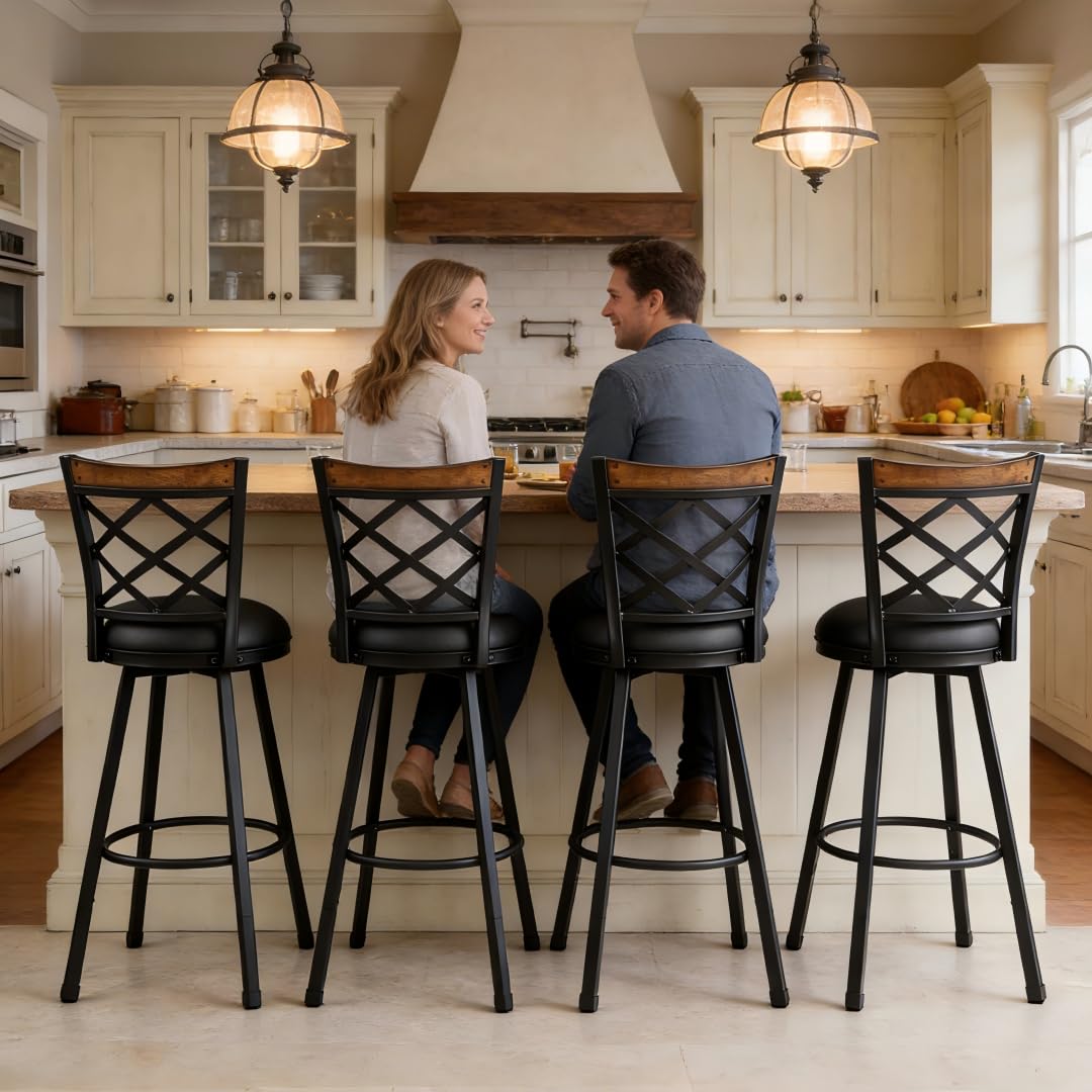 MIITODAY Set of 2 Swivel Bar Stools with Backs, 2-in-1 Adjustable 25"/30" Height, Farmhouse Kitchen Counter Chairs, Heavy Duty Industrial Metal & Black Faux Leather Seat