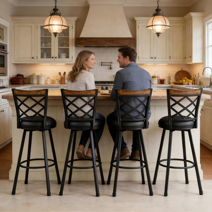 MIITODAY Set of 2 Swivel Bar Stools with Backs, 2-in-1 Adjustable 25"/30" Height, Farmhouse Kitchen Counter Chairs, Heavy Duty Industrial Metal & Black Faux Leather Seat