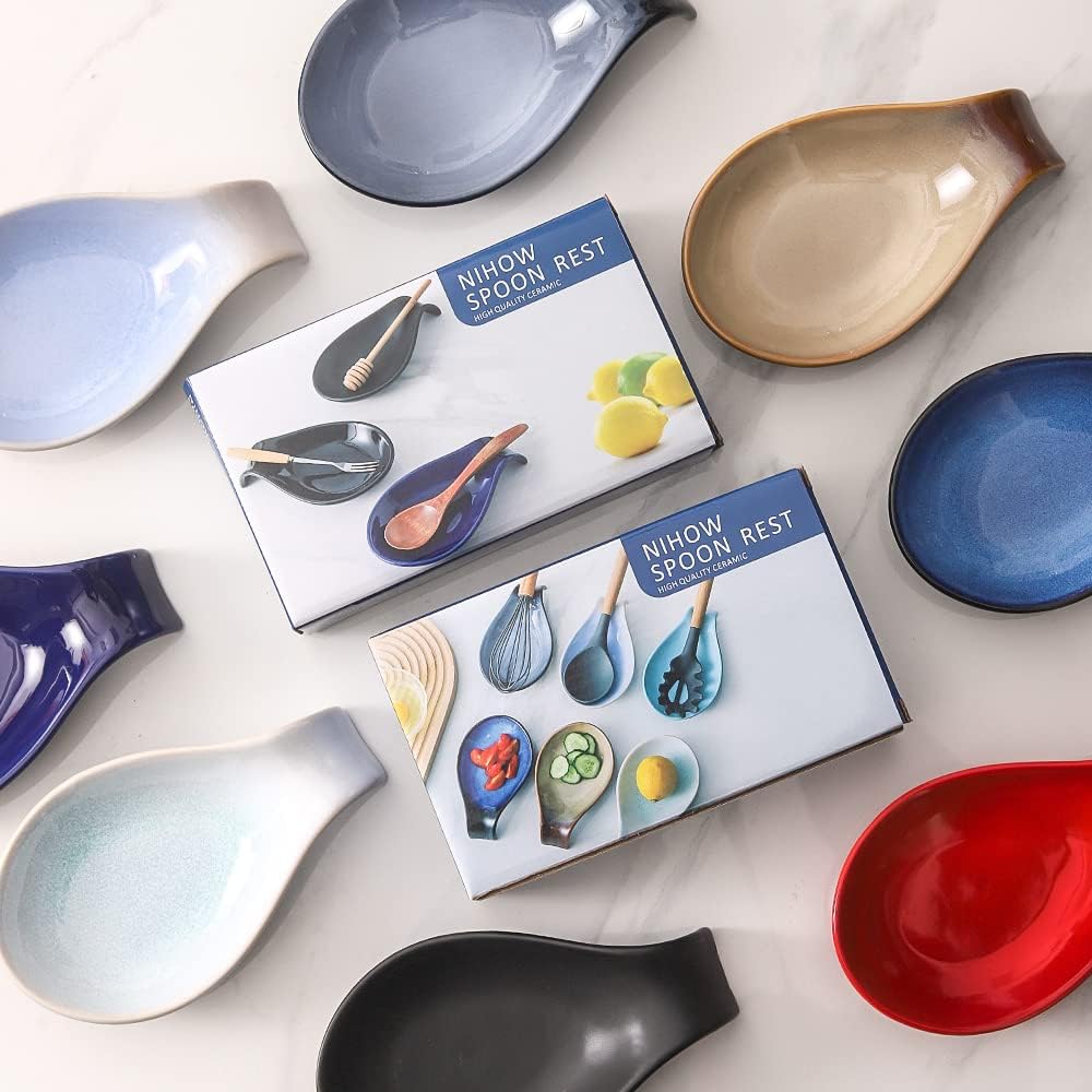 Nihow Ceramic Spoon Rest 4 Inch, Heat Resistant Utensil Holder for Kitchen Counter, Dishwasher Safe (Red)