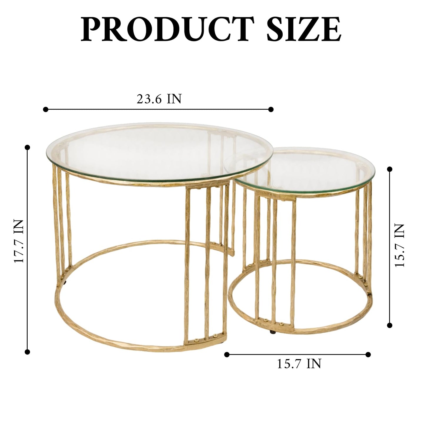 BEGINS Nesting Coffee Table Set of 2, 23.6" Round Coffee Table, Hand Forged Vintage Gold Center Table with Glass Top for Living Room, Bedroom, Balcony