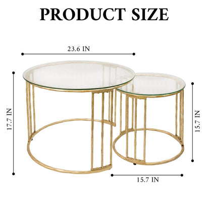 BEGINS Nesting Coffee Table Set of 2, 23.6" Round Coffee Table, Hand Forged Vintage Gold Center Table with Glass Top for Living Room, Bedroom, Balcony