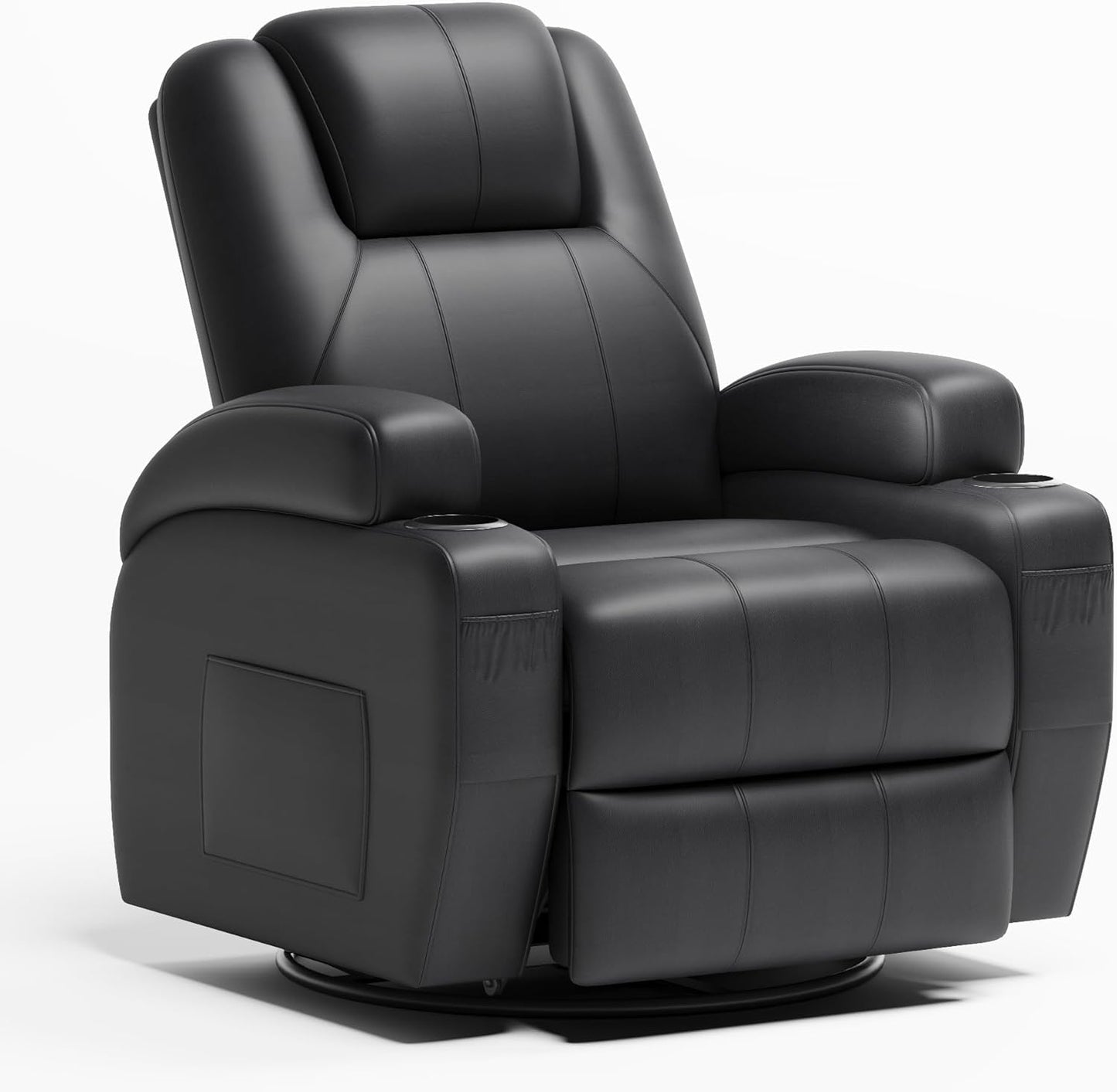 Flamaker Swivel Rocker Recliner Chair with Vibration Massage, 360° Swivel Recliner Chairs for Adults Ergonomic Lounge Chair with Cup Holders Lazy Boy Recliner Single Sofa Seat (Leather, Black)