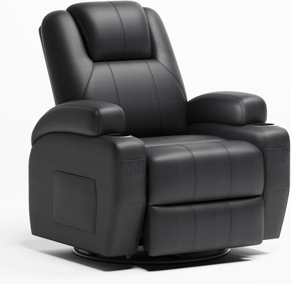 Flamaker Swivel Rocker Recliner Chair with Vibration Massage, 360° Swivel Recliner Chairs for Adults Ergonomic Lounge Chair with Cup Holders Lazy Boy Recliner Single Sofa Seat (Leather, Black)