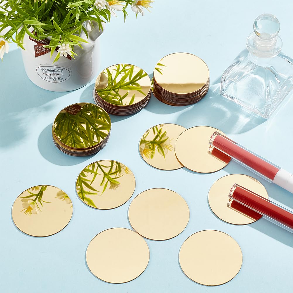 GOMAKERER 50 Pcs Mini Acrylic Mirror Tiles, 2 inch Self Adhesive Flat Round Mirror Stickers Mosaic Tiles Small Decorative Mosaic Mirror Sheets for DIY Crafts Wall Decor and Jewelry Making, Gold