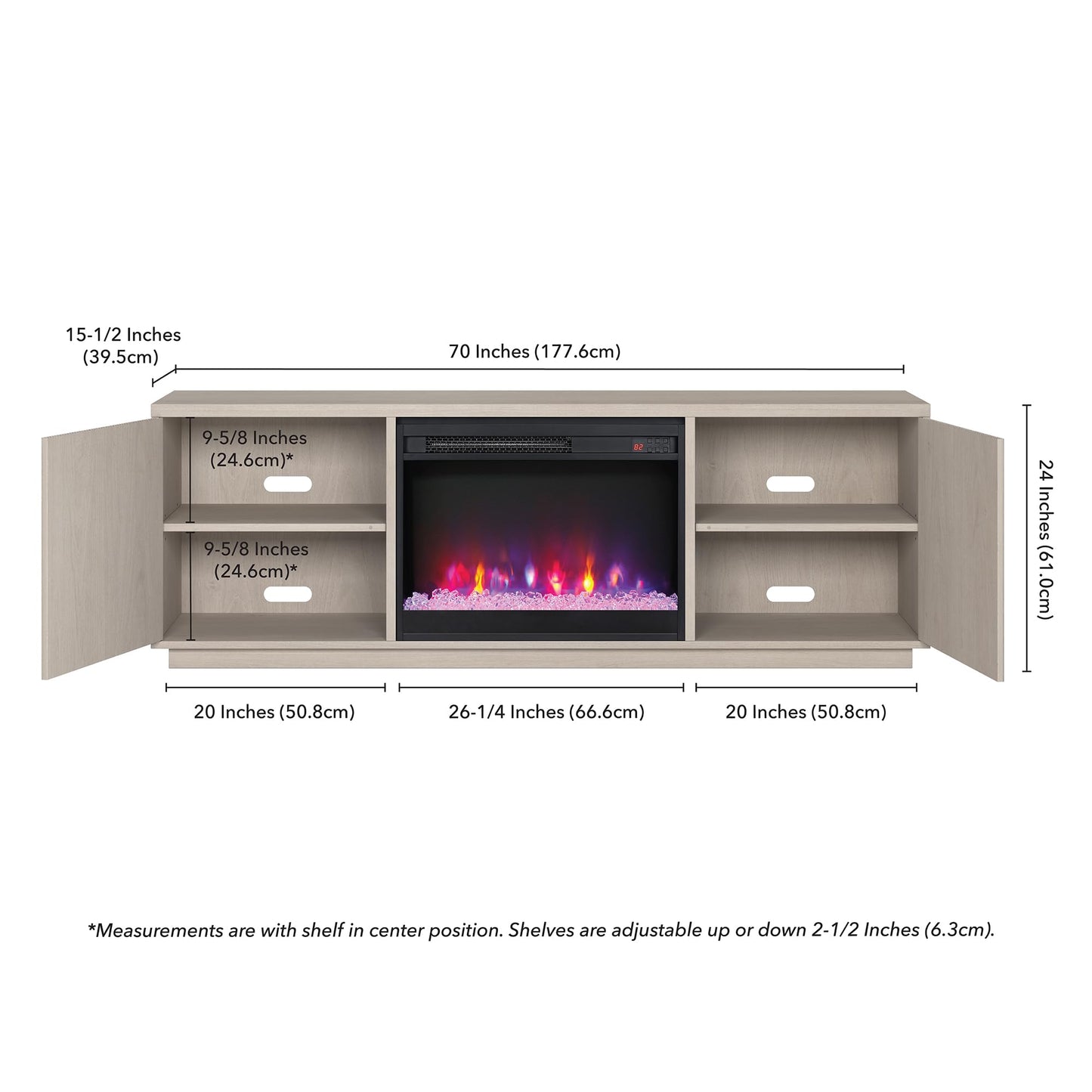 Henn&Hart Fluted TV Stand for TVs up to 75" with 26" Electric Crystal Rocks Fireplace and Ribbed Side Storage Cabinets for Living Room, Family Room, or Office, Beech White