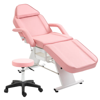 hereyova Massage Salon Chair with Two Trays Esthetician Bed with Hydraulic Stool,Multi-Purpose 3-Section Facial Bed Table, Adjustable Beauty Barber Spa Beauty Equipment, Pink