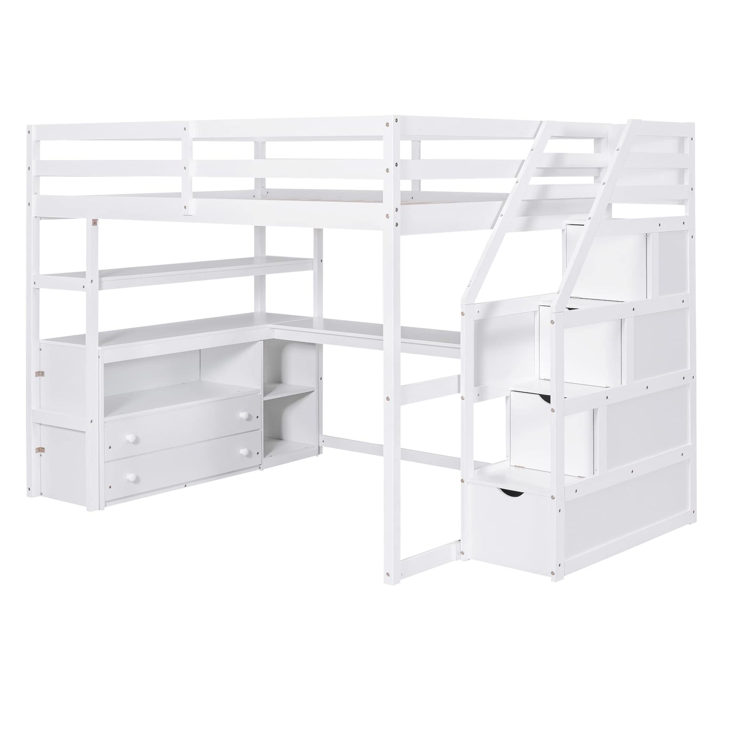 Merax Stairway Loft Bed with L Shape, Shelves, Two Tier Drawers and Storage, White Platform, Full Loft w/Desk and Staircase
