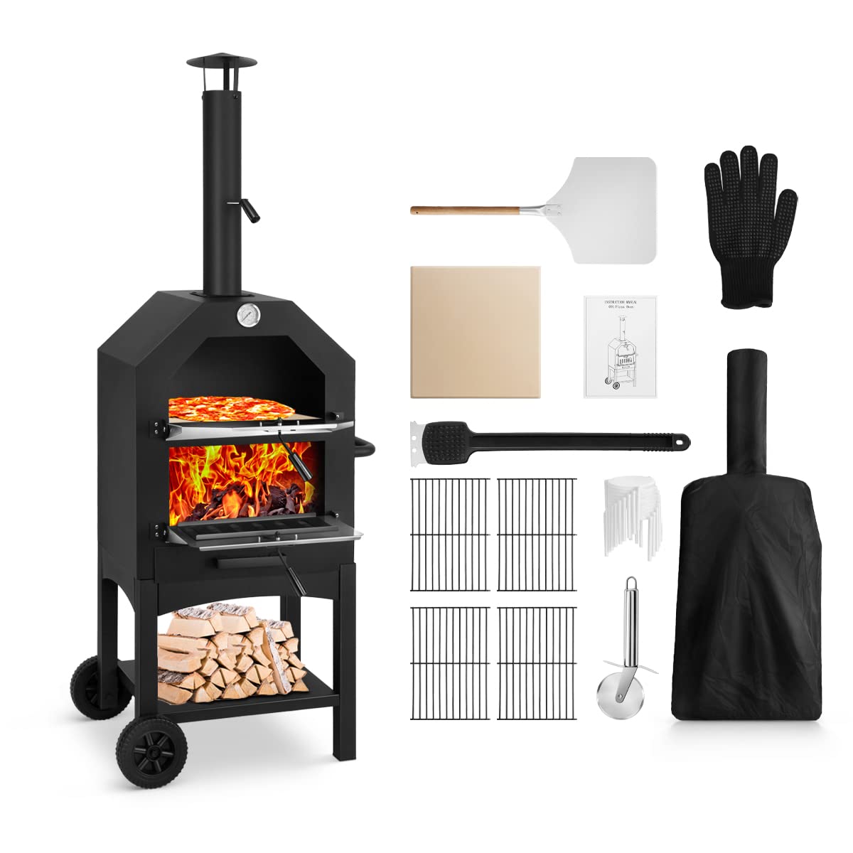 EDOSTORY Outdoor Pizza Oven, Wood Fired for Outside, Patio Maker With Stone, Peel, Grill Rack, and Waterproof Cover for Backyard Camping