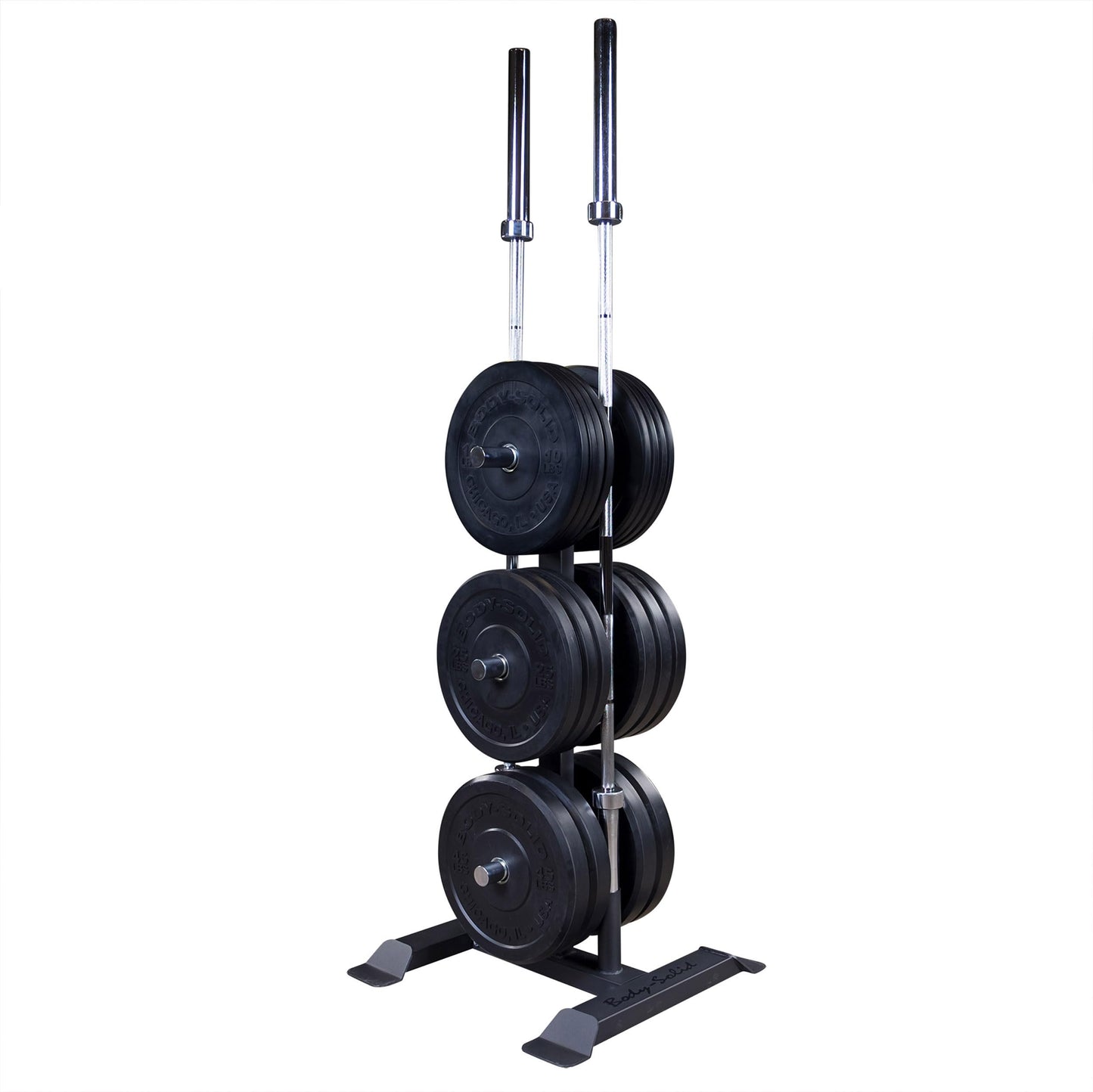 Body-Solid (GWT56) Heavy-Gauge Vertical Weight Tree Rack & Olympic Bar Holder, Commercial Bumper Plate Storage with 6 Chrome Weight Horns, Home Gym Weight Plates & Barbell Stand, 1000 lbs Capacity