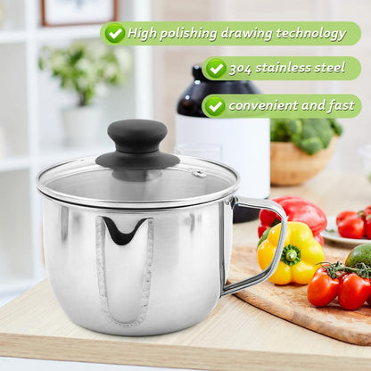 Stainless Steel Fat Separator with Strainer & Glass Lid, 1000ml Gravy Grease Separator for Soup, Stew, and Sauces,Two-Way Outlet, Multi-Use Kitchen Essential