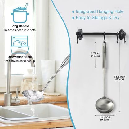 Soup Ladle - 18/10 Stainless Steel Ladle Spoon，13.8" Large Durable Metal Ladel for Serving or Cooking, Stirring, Wok & Soup, Professional Heavy Duty kitchen Utensils, Christmas gifts