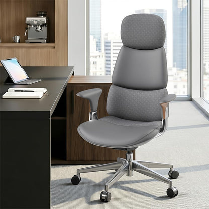 OMIDI Nyla Executive Office Chair - Genuine Leather Ergonomic High-Back Desk Chair with Adjustable Lumbar Support, Tilt Lock, Executive, Home Office, Gray, Litchi Grain