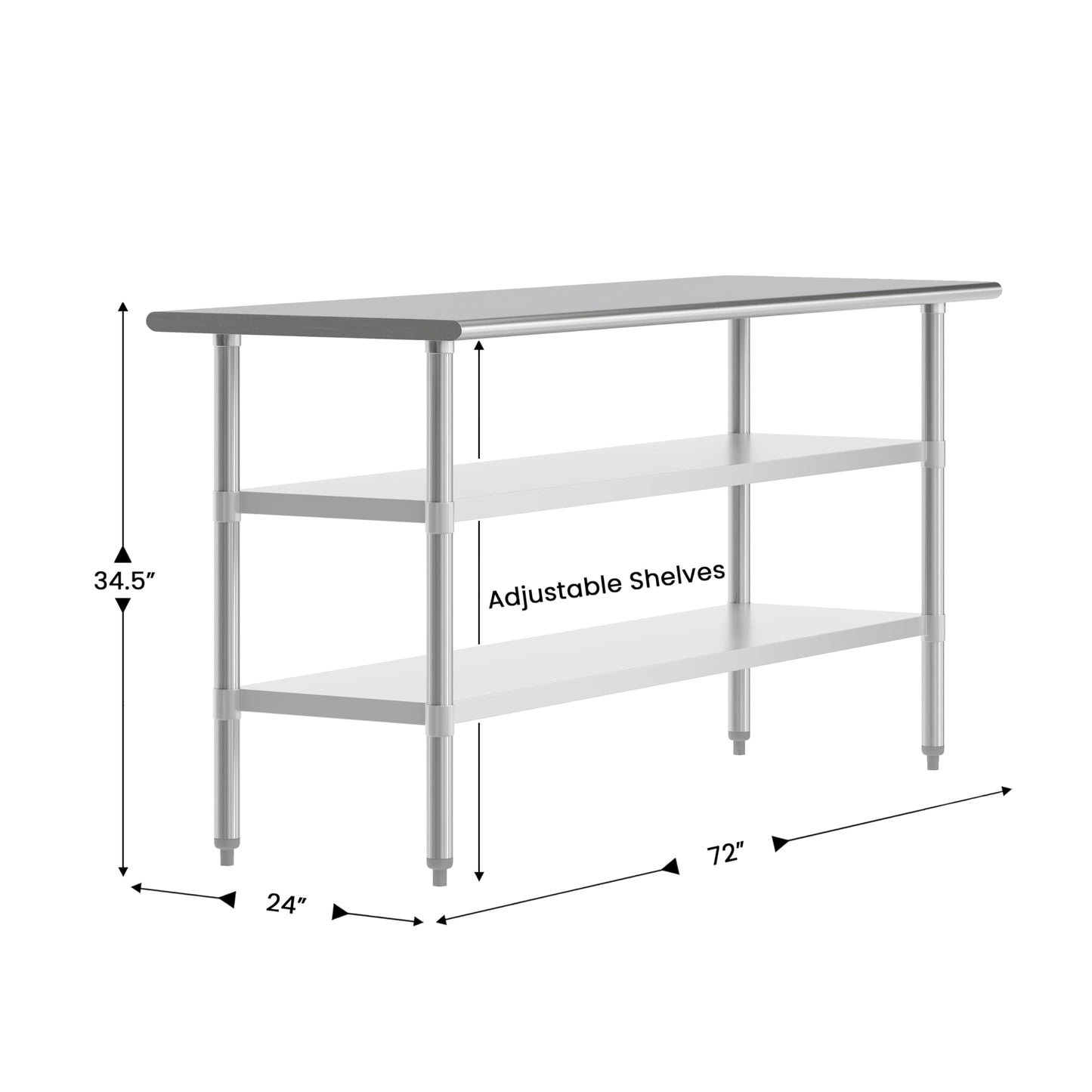 Flash Furniture Reese Stainless Steel 18 Gauge Work Table with 2 Undershelves - NSF Certified - 72" W x 24" D x 34.5" H