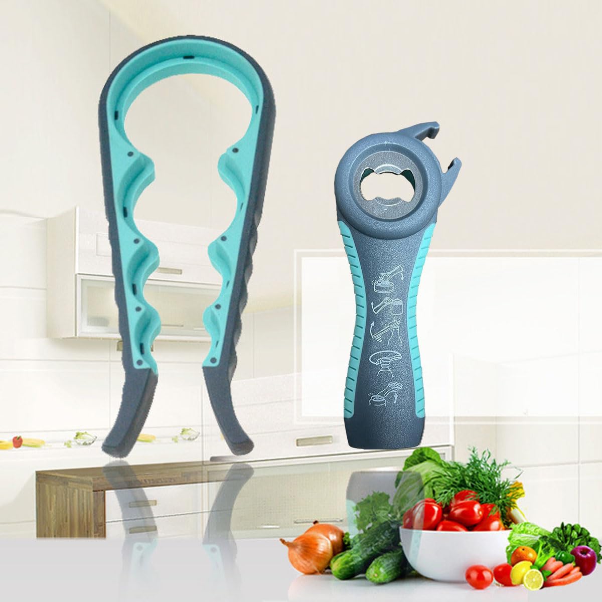 Jar Opener for Seniors with Arthritis,Jar Opener for Weak Hands,5-in-1 Bottle Opener,4-in-1 Can Opener… (Blue)