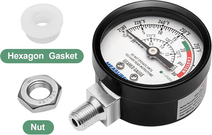 MEASUREMAN Black Steel Pressure Cooker Gauge, 2" Dial Pressure Canner Gauge, Lower Mount with Hexagon Gasket and Nut