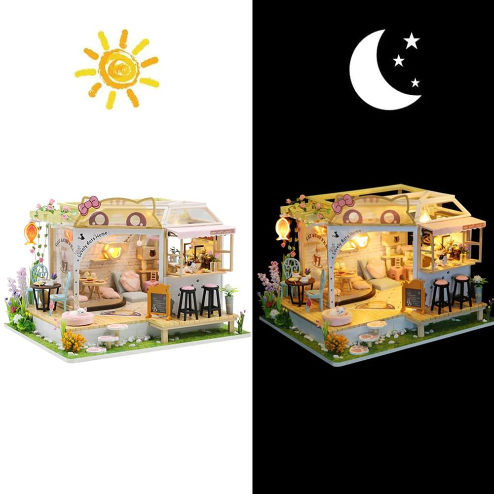 Cat Cafe Wooden Miniature Dollhouse Kit DIY Pet Cat Coffee Shop Building Model Accessories with Furniture LED Light Music Box Birthday (Without Dust Cover)