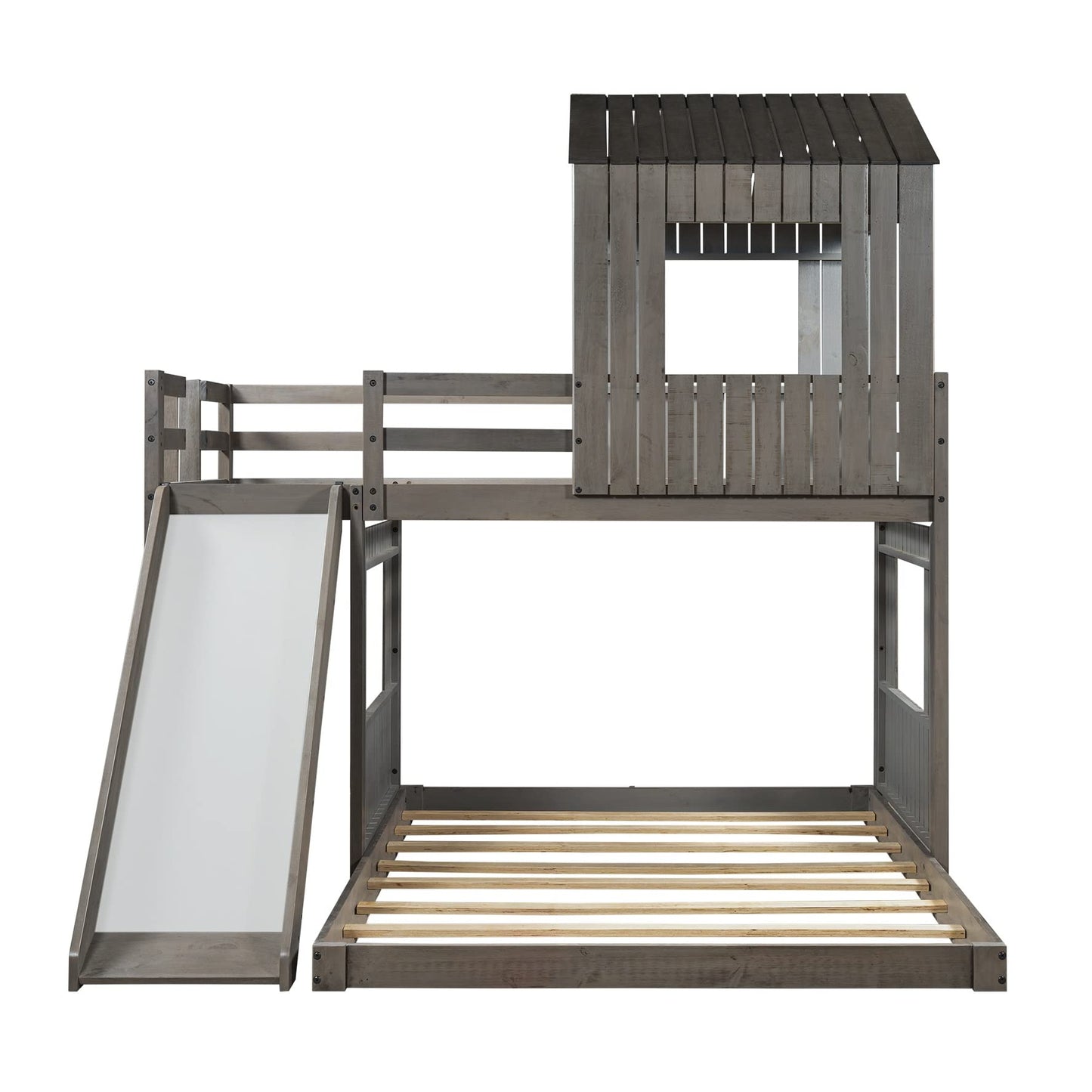 Twin Over Full Bunk Bed Frames Loft Bed with Slide, House Roof, Window and Safety Guardrails for Teens, Boys or Girls