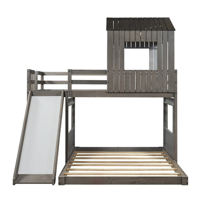 Twin Over Full Bunk Bed Frames Loft Bed with Slide, House Roof, Window and Safety Guardrails for Teens, Boys or Girls