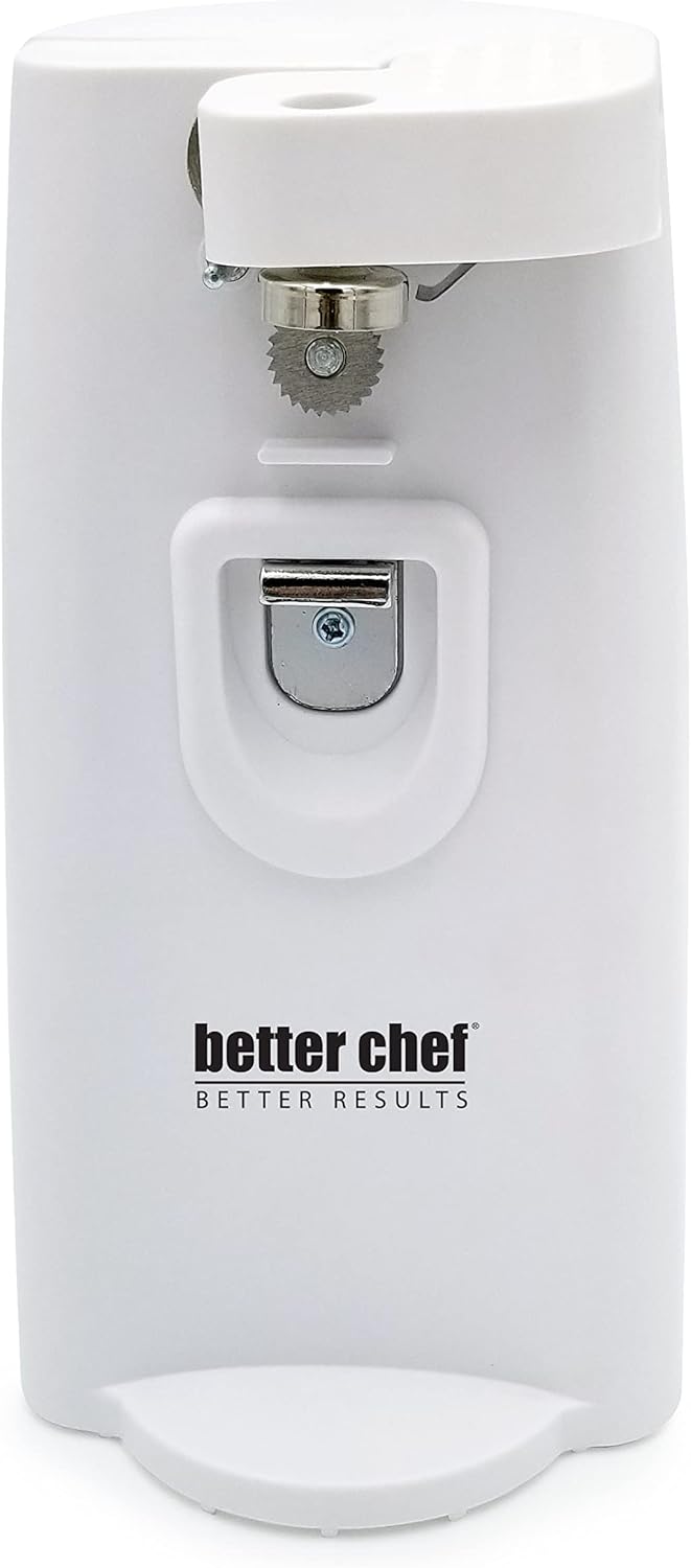 Better Chef Electric Tall Can Opener, 3-in-1 with Built-in Knife Sharpener & Bottle Opener, Auto-Stop (White)