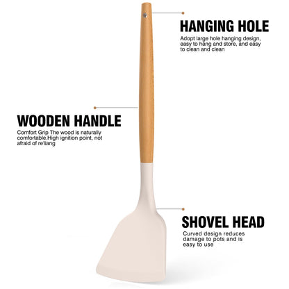 Silicone Cooking Utensils Set - AVGPD Silicone Kitchen Utensils for Cooking Wooden Handles, 446°F Heat Resistant Kitchen Utensil Spatula Sets w Holder, Gadgets for Non-Stick Cookware BPA FREE (Khaki)