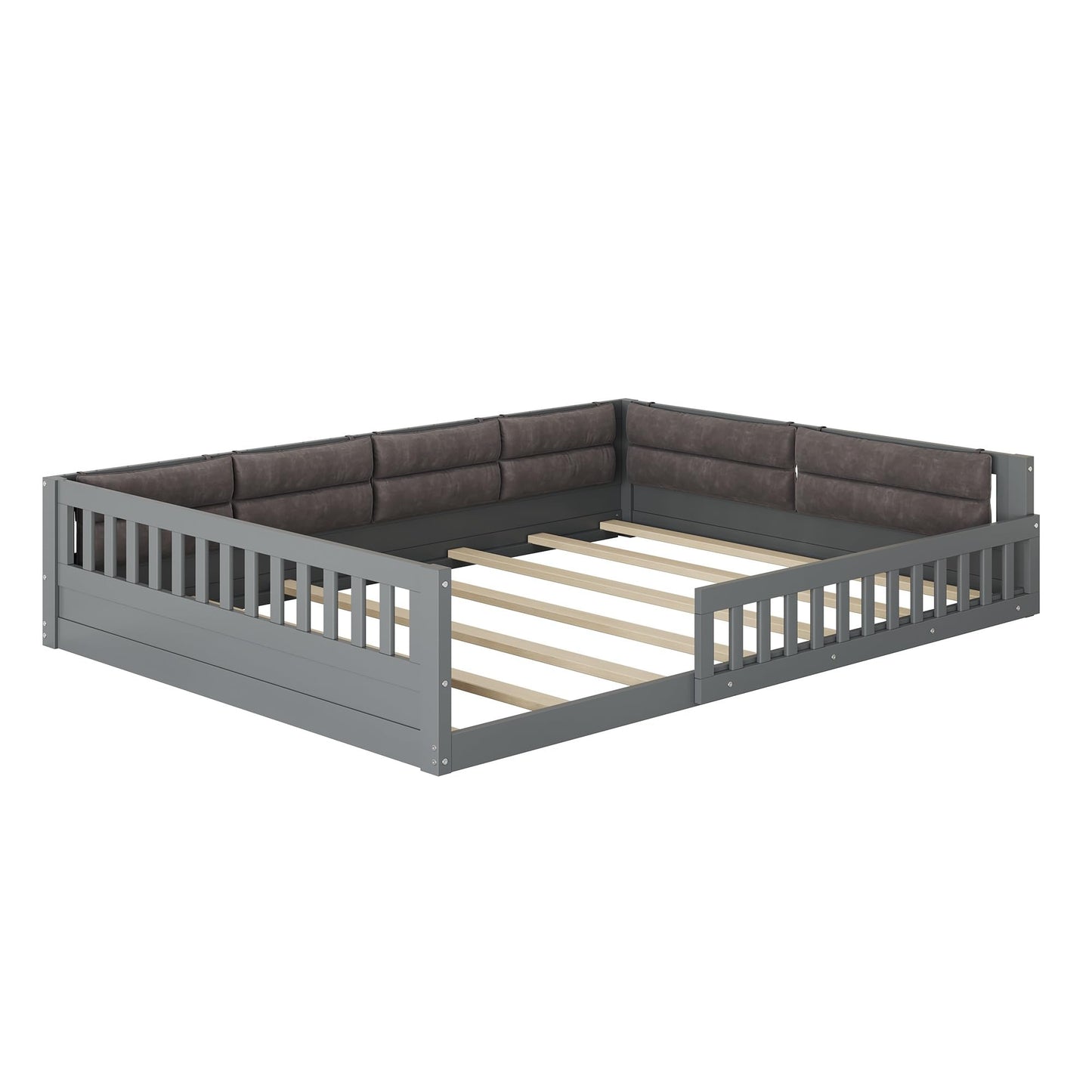 Merax Full Size Upholstered Platform Bed with Guardrail & Pillow, Solid Pine Wood Bed Frame, No Box Spring Needed, 600 lbs Capacity Safety Guaranteed Easy to Assemble for Bedroom, Gray