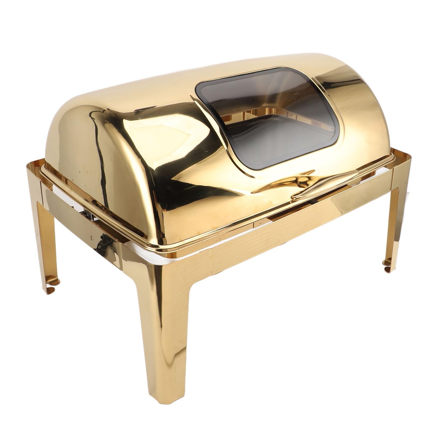 Qiilu Premium Buffet Chafing Dish Stainless Steel Chafer 9L Buffet Catering Food Warmer with Transparent Glass Lid and HighQuality Heating Method (Plated Gold)