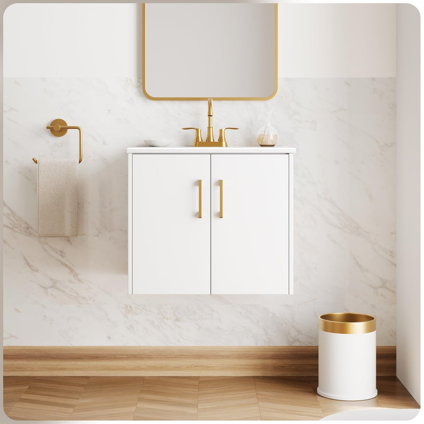 phiestina 24 Inch White Floating Bathroom Vanity, Pre-Assembled Wall-Mounted Cabinet with 2 Soft-Close Doors & 3 Hole Ceramic Sink, No Faucet,BV08-24-WHITE