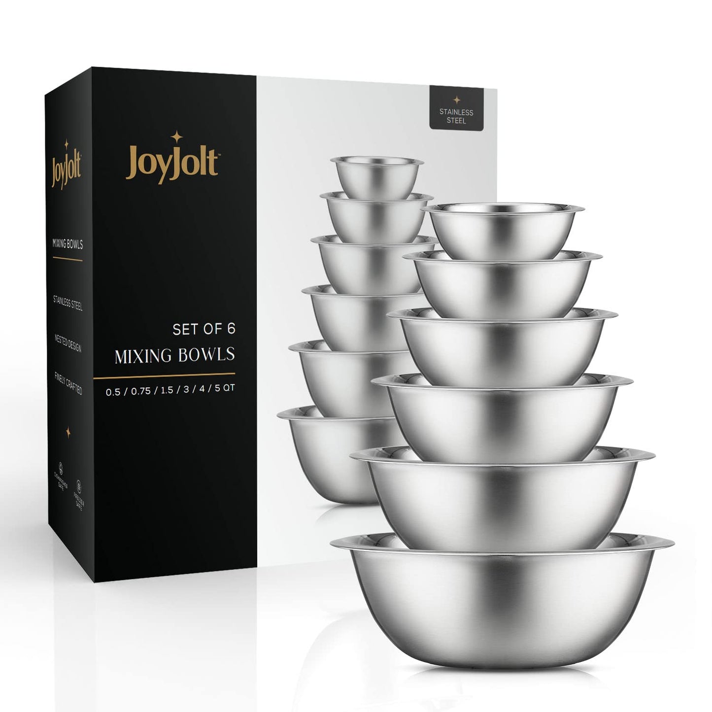 JoyJolt Stainless Steel Mixing Bowl Set - 6 Piece Nesting Bowls, 5qt to 0.5qt, Ideal for Kitchen, Cooking, Baking and Storage