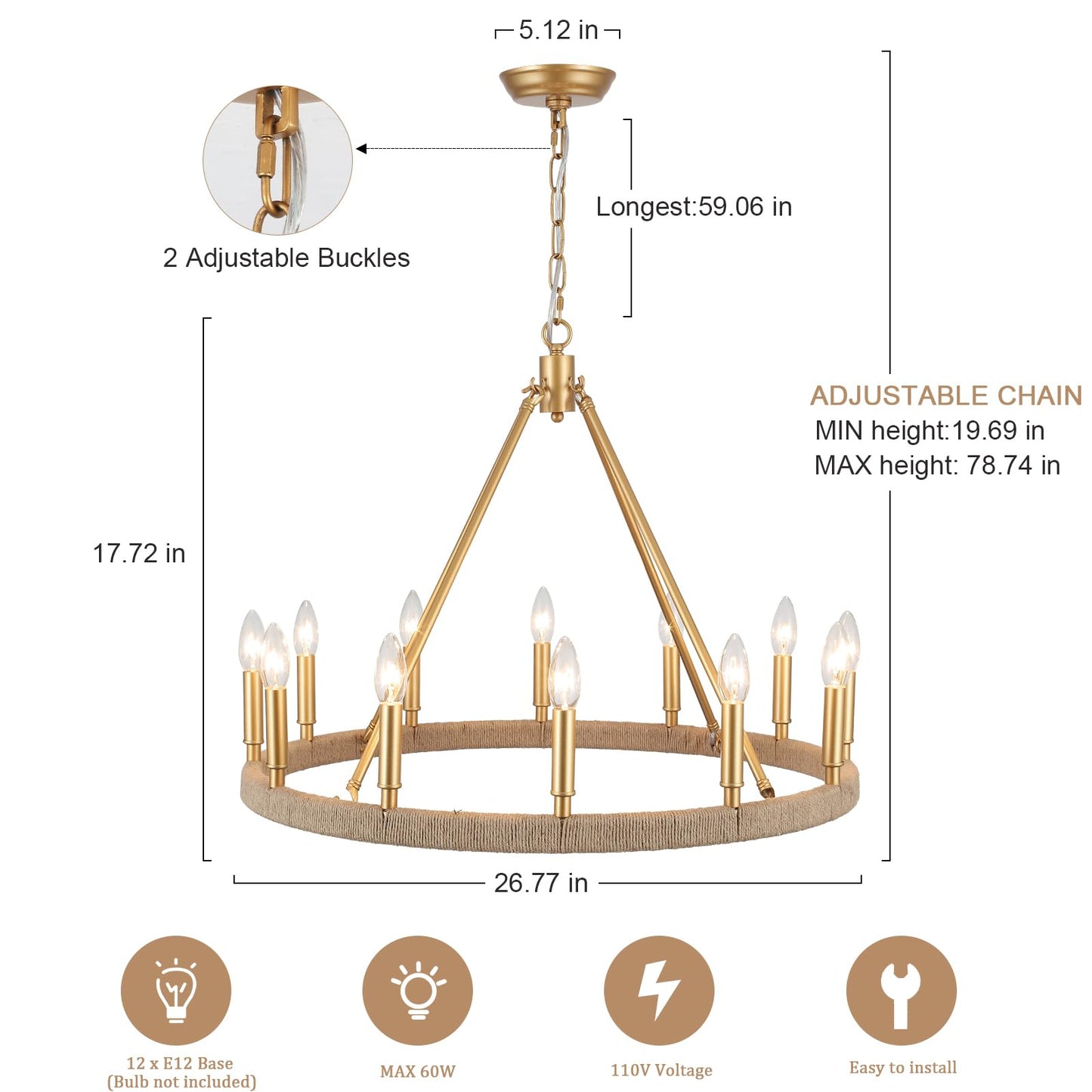 ASHUAQI 26" Gold Wagon Wheel Chandelier, 12-Light Farmhouse Chandelier for Dining Room, Gold Pendant Light Fixture for High Ceiling Living Room Foyer Entryway