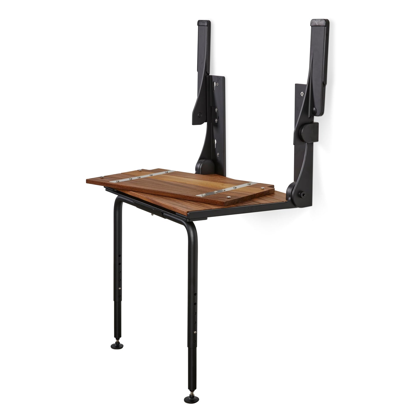 Silhouette Comfort Plus Folding Shower Seat with Armrests & Legs – Heavy-Duty Wall-Mounted Shower Bench, Teak Wood Seat with Black Frame