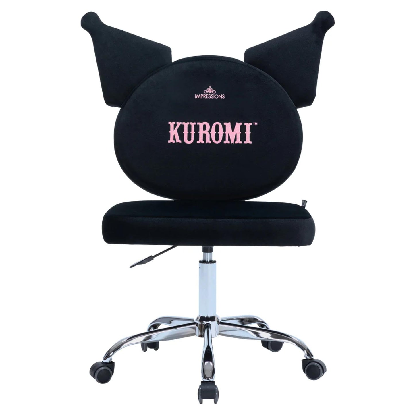 Impressions Vanity Kuromi Swivel Vanity Chair with Wheels | Adjustable Height Silver Metallic Base 360-Degree Spin Armless Padded Cute Velvet Makeup Vanity Chair | Cute Desk Chair for Bedroom, Black
