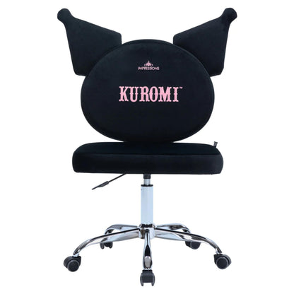 Impressions Vanity Kuromi Swivel Vanity Chair with Wheels | Adjustable Height Silver Metallic Base 360-Degree Spin Armless Padded Cute Velvet Makeup Vanity Chair | Cute Desk Chair for Bedroom, Black