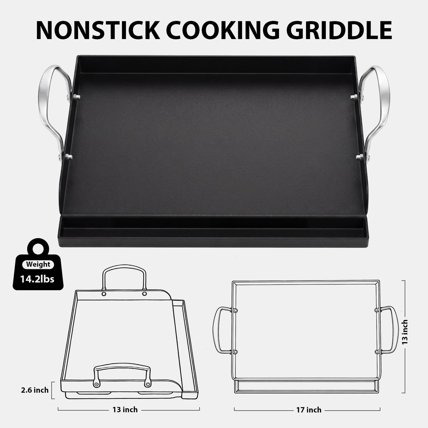 Utheer 17" x 13" Nonstick Coating Cooking Griddle for Gas Grill, Universal Griddle Flat Top Plate Insert with Grease Groove and Removable Handles for Charcoal/Gas Grills, Camping, Tailgating, Parties