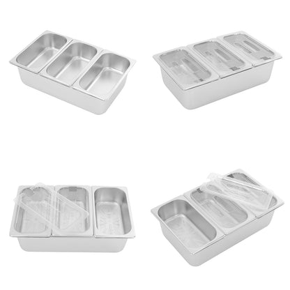 Wawuwao Chilled Condiment Server with Lid, 3-Compartment Stainless Steel Chilled Serving Tray with Lids, Commercial Food Storage Containers for Buffet Restaurant Home, 2 Types of Lids (3-Pan)