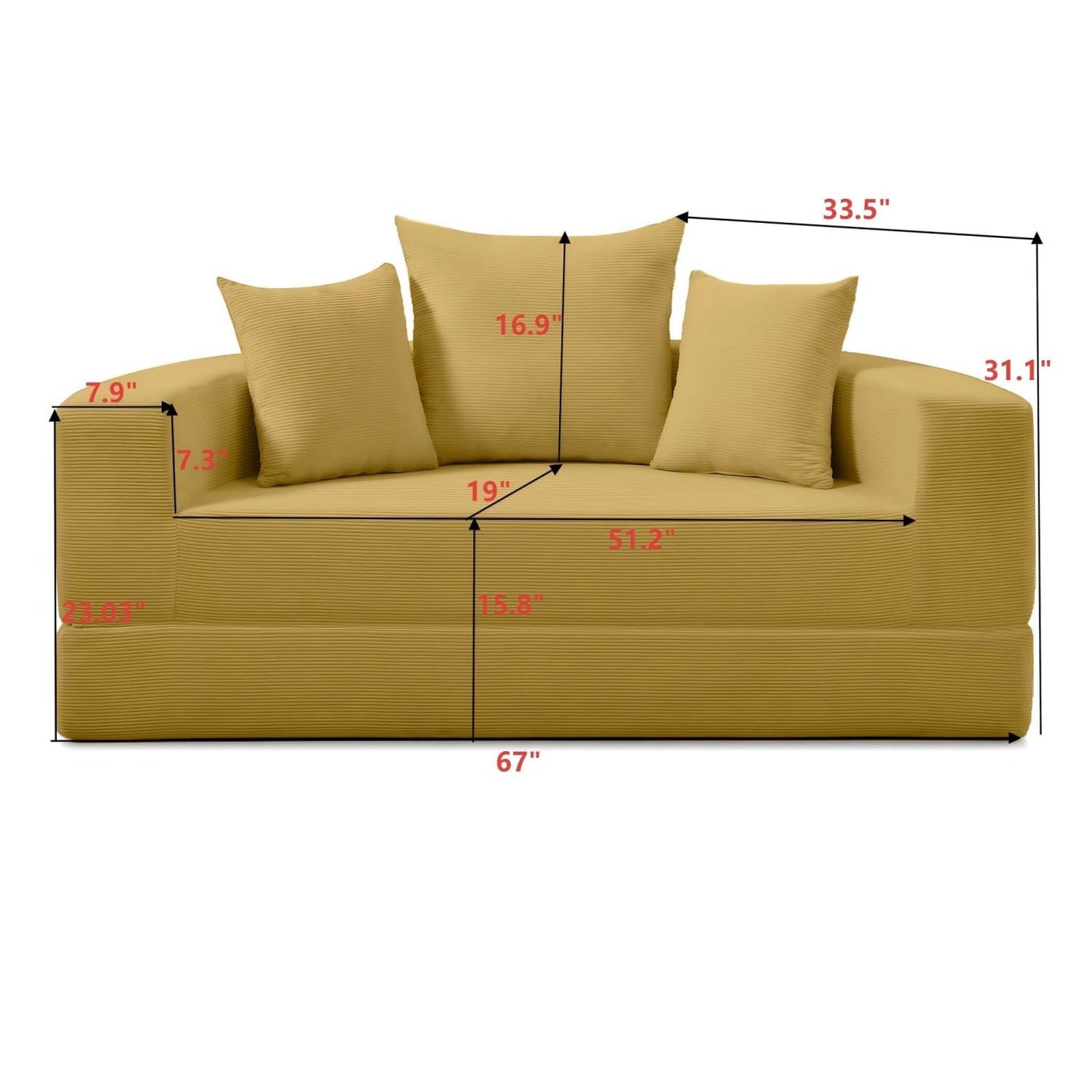 UOCFYK Folding Sofa Bed, Corduroy Circular Boneless Couch, No Assembly Convertible Sleeper Sofa with 3 Pillow, Comfy Futon Sofa Bed for Apartment, Office, Bedroom, Living Room, Yellow