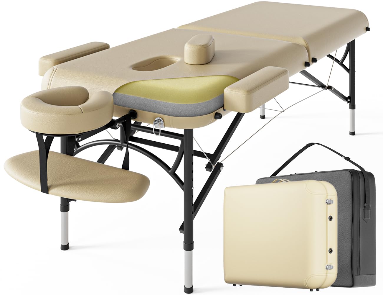 DOVANS Professional Massage Table Portable 2 Fold Premium Memory Foam Aluminium Leg Hold Up to 1100LBS 8 Heights Adjustable with Carrying Bag Cream
