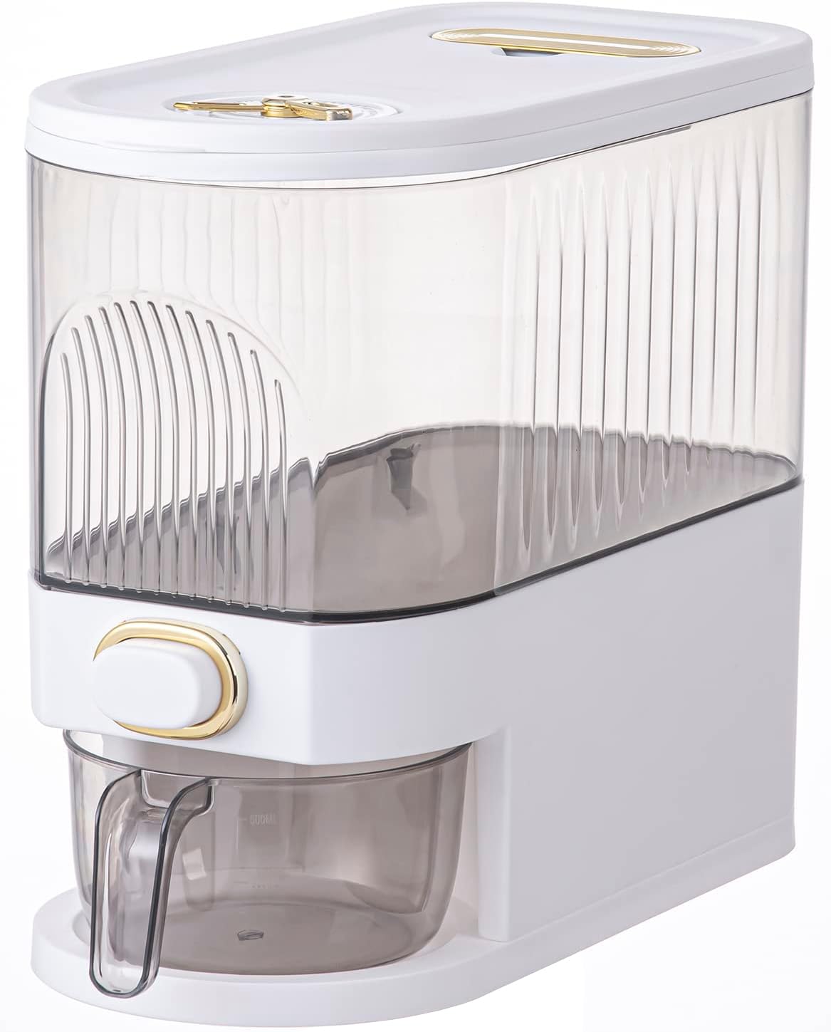 Sooyee 11Lbs Rice Dispenser, Large Grain Container Storage with Lid, Measuring Cylinder, Moisture Proof Household Cereal Dispenser Bucket for Kitchen Soybean Corn, Clear and White