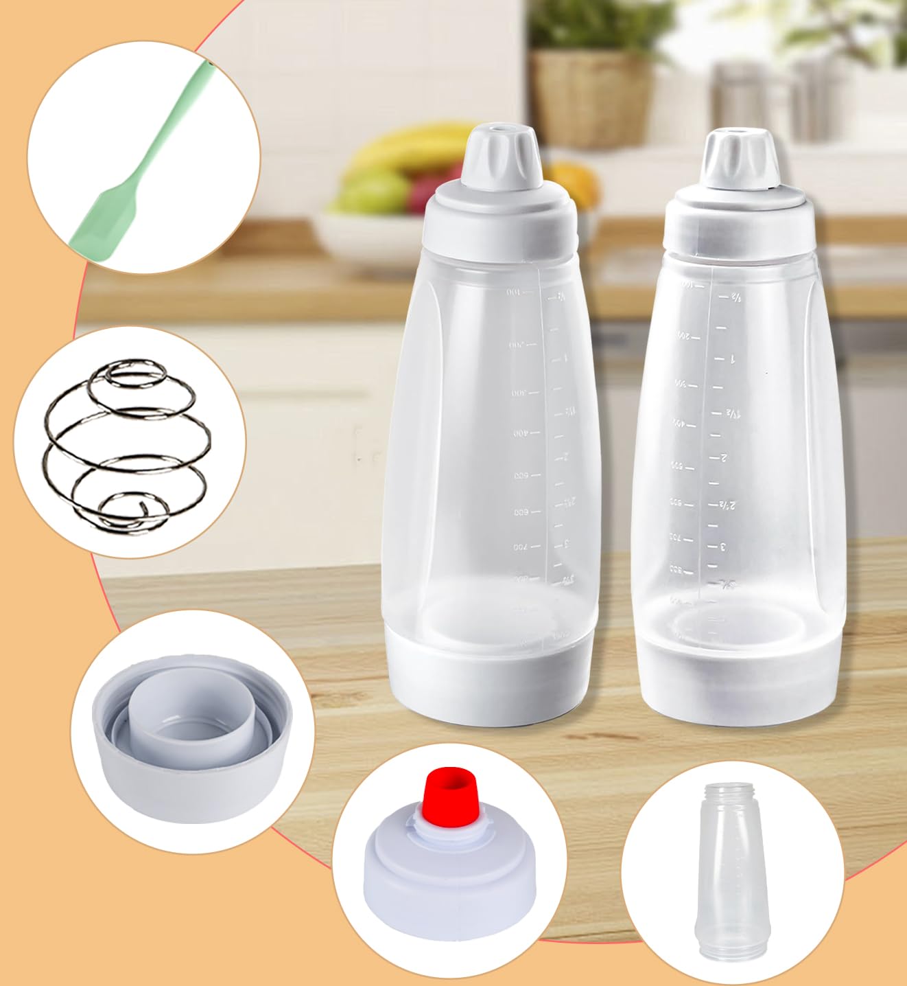 Korvanta Pancake Batter Dispenser,Pancake Batter Dispenser Bottle with Whisk Ball and Stand Base, Batter Mixer and Dispenser for Pancakes, Crepes, Waffle,Kitchen Baking Tool 2 Packs