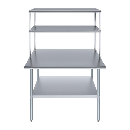 48" x 30" Commercial Stainless Steel Prep Table with 12" x 48" Double Overshelf | NSF Certified Workstation for Kitchen, Bakery, or Utility Use