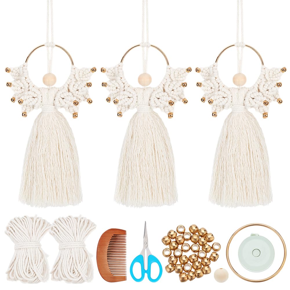 ORIGACH 3 Set DIY Angel Macrame Kit, Boho Macrame Angel Kit Wall Hanging Ornament for Beginners, Angel with Golden Beads Macrame DIY Kit with Instruction Tutorial for Adults