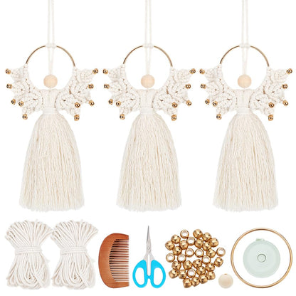 ORIGACH 3 Set DIY Angel Macrame Kit, Boho Macrame Angel Kit Wall Hanging Ornament for Beginners, Angel with Golden Beads Macrame DIY Kit with Instruction Tutorial for Adults