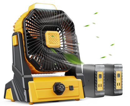 KopBeau Battery Operated Fan, 20800mAh Detachable, Camping Fan with LED Light & Hook for Tent, Outdoor USB Portable Fan Rechargeable for Travel, Hurricane, Hiking, Jobsite, Yellow