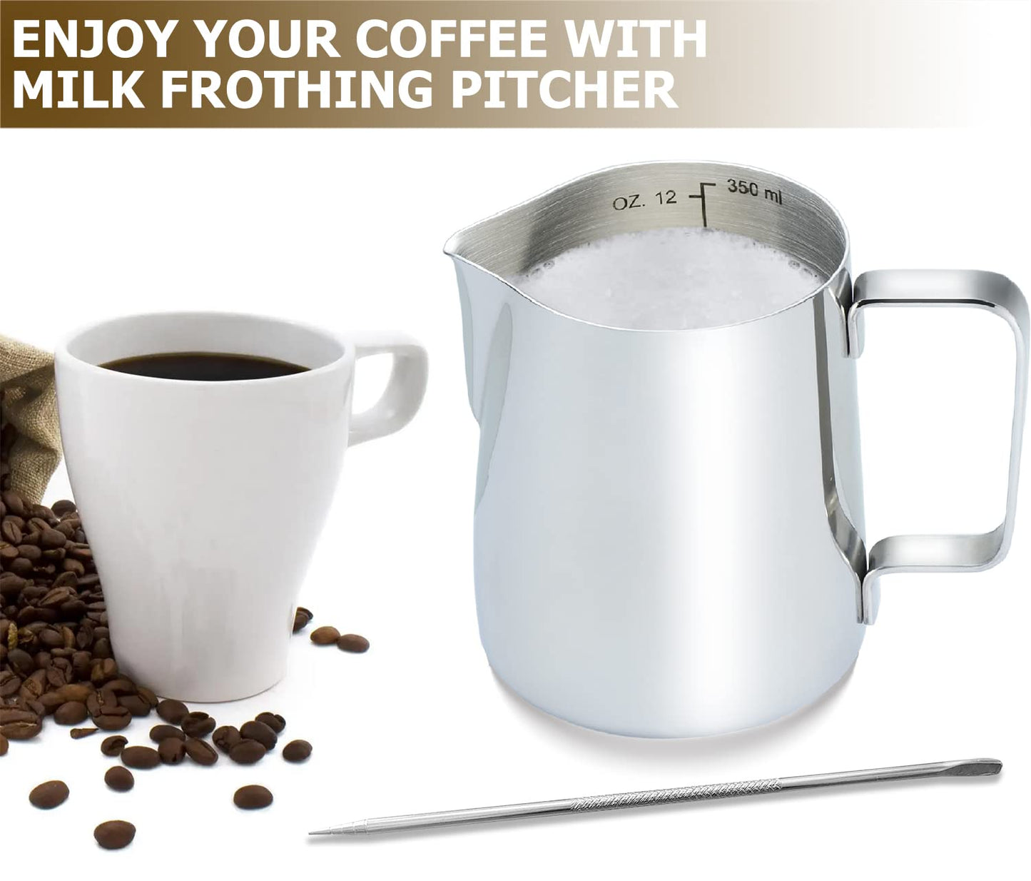 CAMKYDE Stainless Steel Milk Frothing Pitcher 12 oz, Espresso Steaming Pitcher with Decorating Pen for Espresso Machines, Cappuccino, Latte Art (Silver)