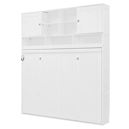Merax Queen Size Murphy Bed Wall Bed with Top Storage Cabinets and Shelves, Fold into The Wall, Space-Saving Design, White Foldable Platform Bed Frame with Chevron Stripes, for Bedroom, Guest Room